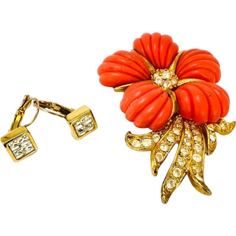 NOLAN MILLER Signed Vintage Rhinestone Coral Orange Floral Brooch and Crystal Ea